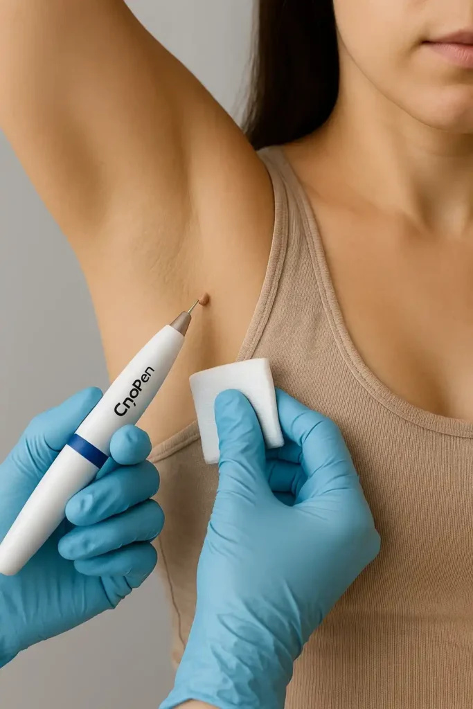 woman having cryopen to remove underarm skin tags Didcot