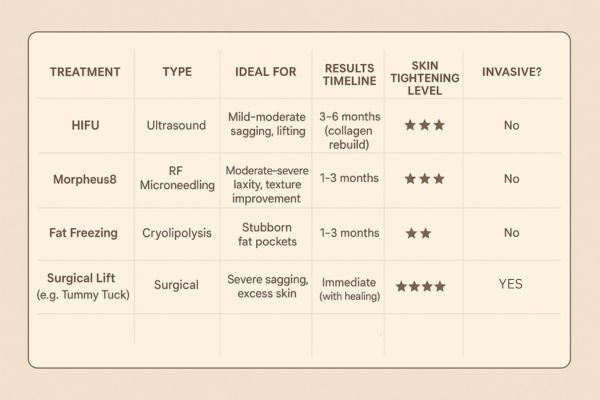 Table showing the comparisons of Skin tightening Didcot treatment options.